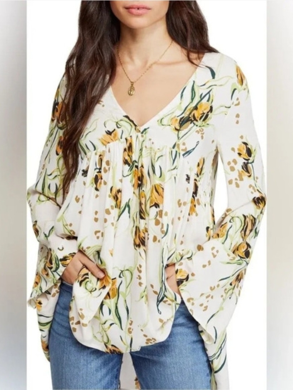 Free People Floral Babydoll Tunic Medium Boho Oversized Top